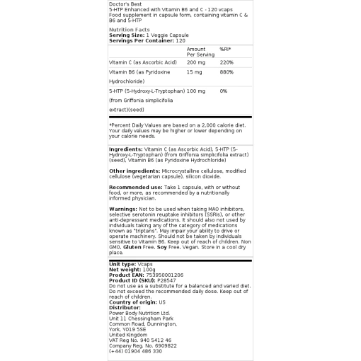 Doctor's Best - 5-HTP Enhanced with Vitamin B6 and C 120 vcaps