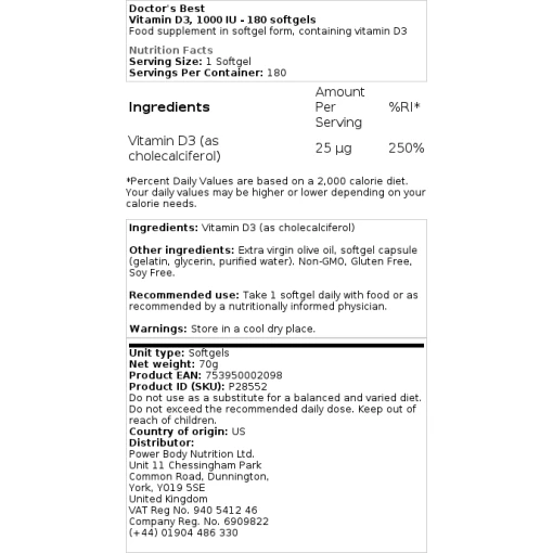 Doctor's Best - Vitamin D3 5000 IU - 180 softgels
