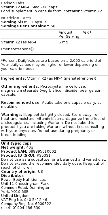 Carlson Labs - Vitamine K2 MK-4, 5 mg - 60 capsules - Afbeelding 2