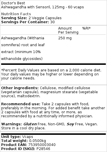 Doctor's Best - Ashwagandha met Sensoril, 125 mg - 60 vegetarische capsules - Afbeelding 2