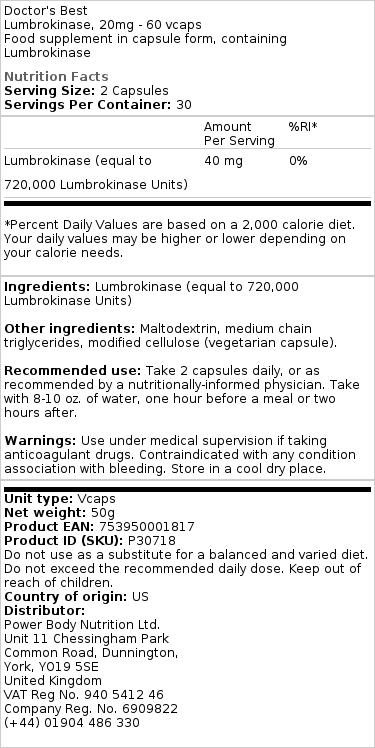 Doctor's Best - Lumbrokinase, 20 mg - 60 capsules - Afbeelding 2