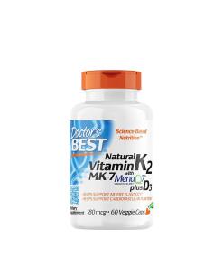 Natural Vitamin K2 MK7 with MenaQ7 plus D3, 180mcg - 60 vcaps