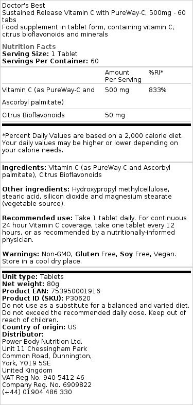 Doctor's Best - Vitamine C met Langdurige Afgifte PureWay-C, 500 mg - 60 tabletten - Afbeelding 3