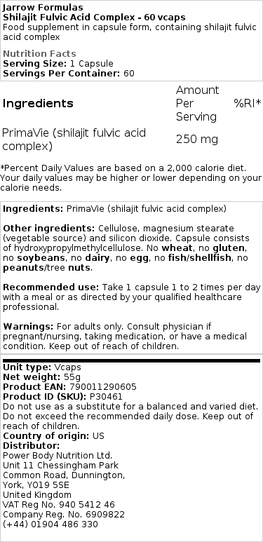 Jarrow Formulas - Shilajit Fulvinezuur Complex - 60 vegetarische capsules - Afbeelding 2