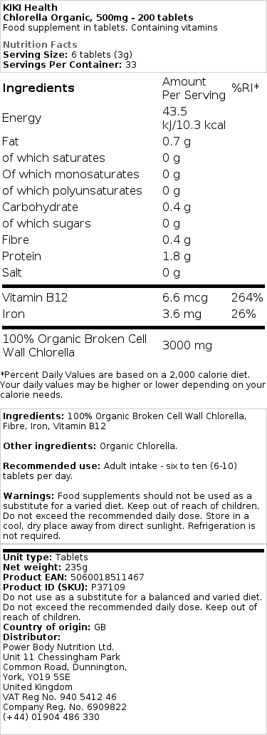 KIKI Health - Biologische Chlorella, 500mg - 200 tabletten - Afbeelding 2