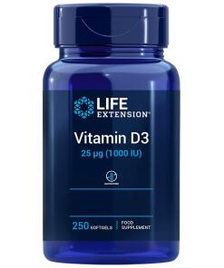 Vitamine D3 de LIFE EXTENSION, 1000 UI, 25 mcg, version UE (250 gélules)