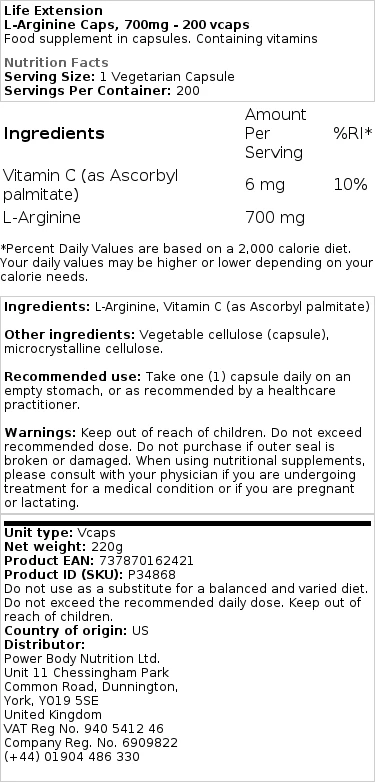 L-Arginine Caps, 700mg - 200 caps – Image 2