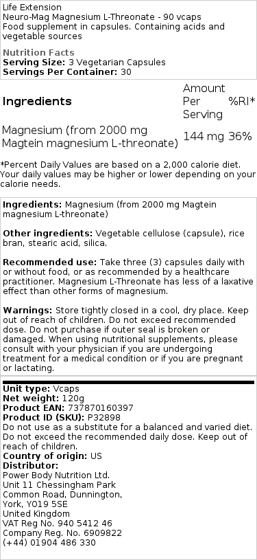 Life Extension - Neuro-Mag Magnesium L-Threonaat - 90 capsules - Afbeelding 2