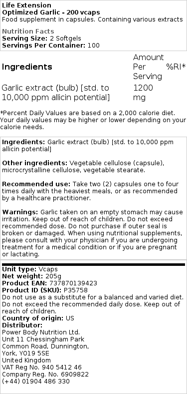 Life Extension - Geoptimaliseerde Knoflook - 200 Capsules - Afbeelding 2