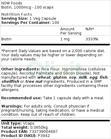 NOW Foods - Biotine, 1000 mcg - 100 capsules - Afbeelding 3