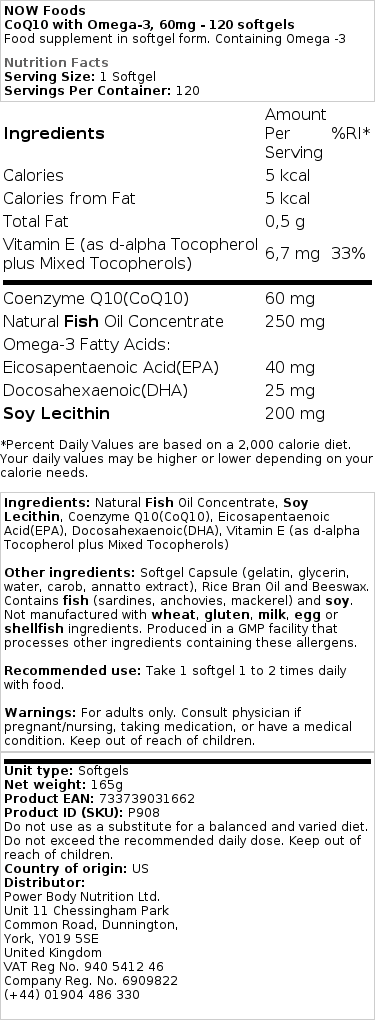 NOW Foods - CoQ10 met Omega-3, 60 mg - 60 zachte capsules - Afbeelding 3
