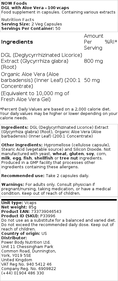 NOW Foods - DGL met Aloë Vera - 100 vegetarische capsules - Afbeelding 2