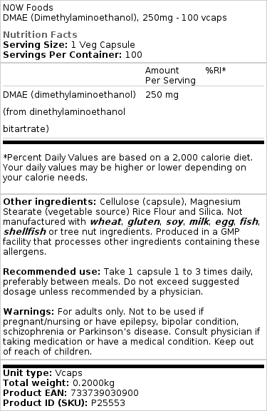 NOW Foods - DMAE (Dimethylaminoethanol), 250 mg - 100 vegetarische capsules - Afbeelding 2