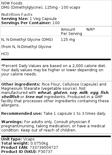 NOW Foods - Dimethylglycine (DMG), 125 mg - 100 capsules - Afbeelding 2