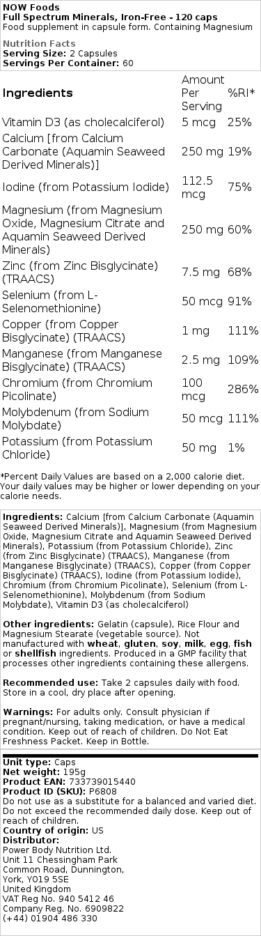 NOW Foods - Volledig Spectrum Mineralen, IJzervrij - 120 Capsules - Afbeelding 2