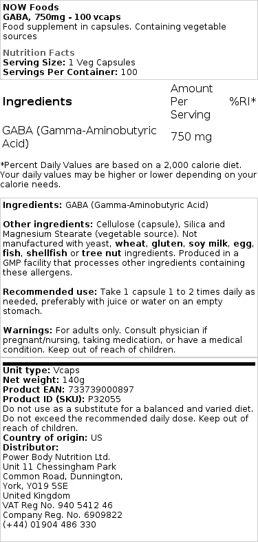 GABA, 750mg - 100 vcaps – Image 3
