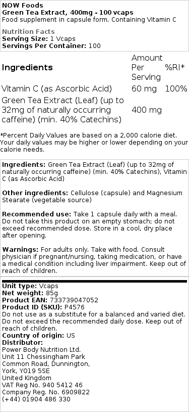 Extrait de thé vert 400 mg (250 capsules végétales) de Now Foods – Image 2