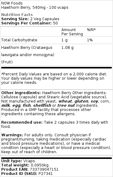 NOW Foods - Witte Meidoornbessen 540 mg - 100 Capsules - Afbeelding 2