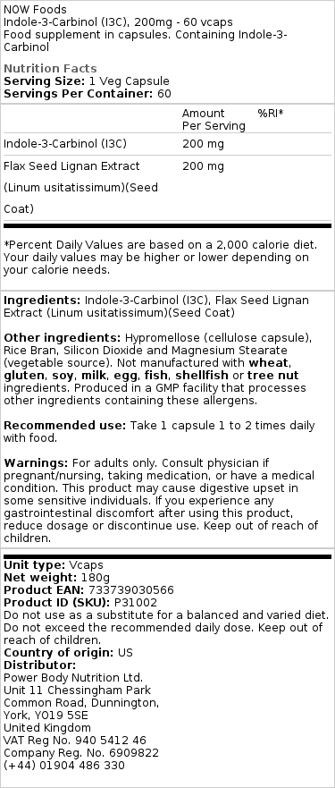 NOW Foods - Indol-3-Carbinol (I3C), 200 mg - 60 vegetarische capsules - Afbeelding 2