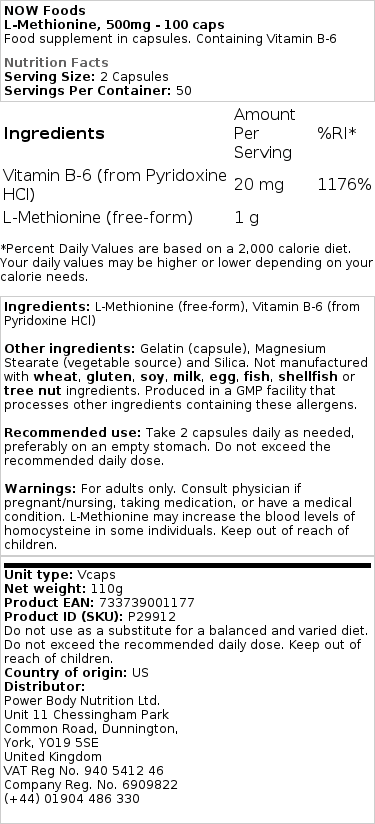 NOW Foods - L-Methionine, 500 mg - 100 capsules - Afbeelding 3