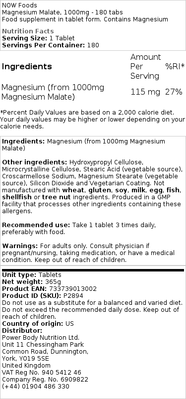 NOW Foods - Magnesiummalaat, 1000 mg - 180 tabletten