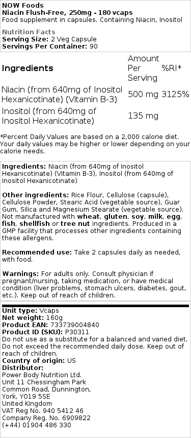 Niacine Flush-Free, 250mg - 180 vcaps – Image 2