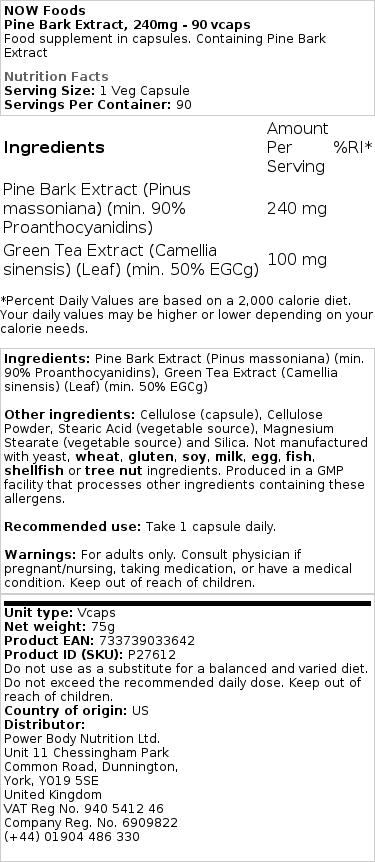 NOW Foods - Dennenschors Extract, 240 mg - 90 Veganistische Capsules - Afbeelding 2