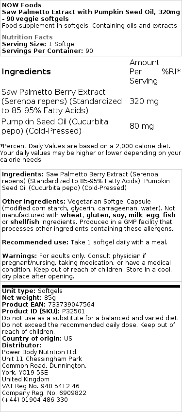 NOW Foods - Zaagbladpalmextract met Pompoenpitolie, 320 mg - 90 Vegetarische Softgels - Afbeelding 2