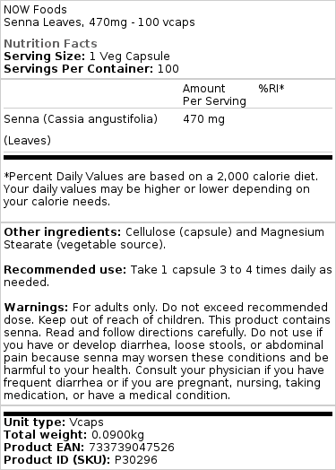 NOW Foods - Sennablad, 470 mg - 100 vegetarische capsules - Afbeelding 2