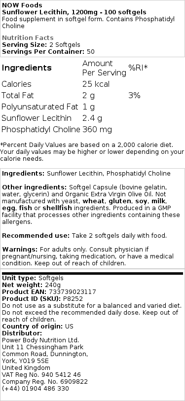 NOW Foods - Zonnebloemlecithine 1200 mg - 200 Softgels - Afbeelding 2