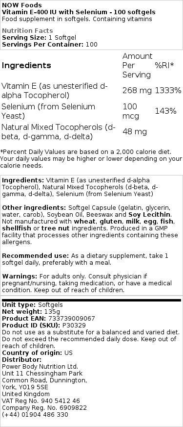 NOW Foods - Vitamine E 400 IE met Selenium - 100 Zachte Capsules - Afbeelding 2
