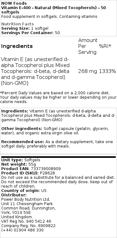 NOW Foods - Vitamine E-400 - Natuurlijk (Gemengde Tocoferolen) - 250 Softgels - Afbeelding 2
