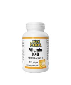 Facteurs naturels Vitamine K+D 120 mcg & 1000 UI (120 capsules molles)