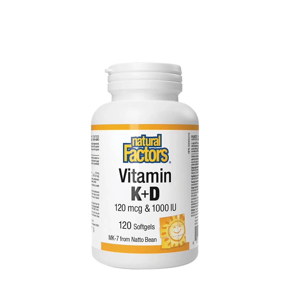 Facteurs naturels Vitamine K+D 120 mcg & 1000 UI (120 capsules molles)