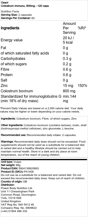 Osavi - Colostrum Immuno, 800 mg - 120 capsules - Afbeelding 2