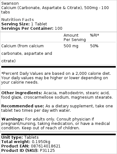Calcium (Carbonate, Aspartate & Citrate), 500mg - 100 tabs – Image 2