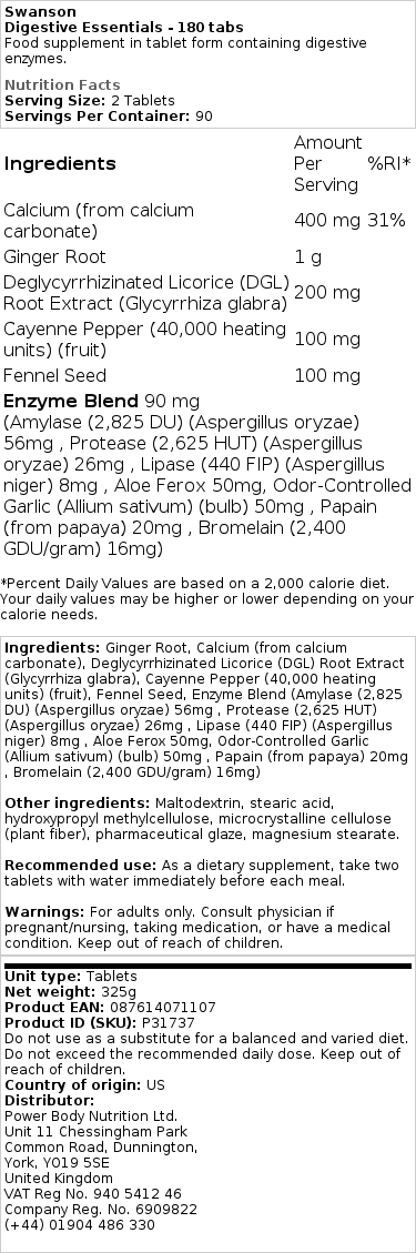 Swanson - Essentiële Spijsvertering - 180 Tabletten