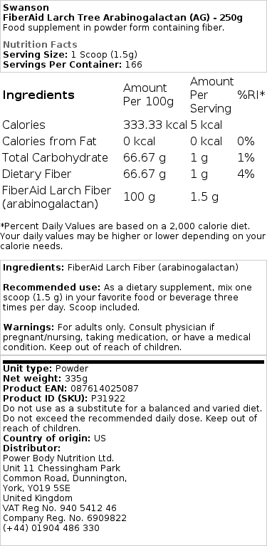 Swanson - FiberAid Larikse Arabinogalactan (AG) - 250g - Afbeelding 2