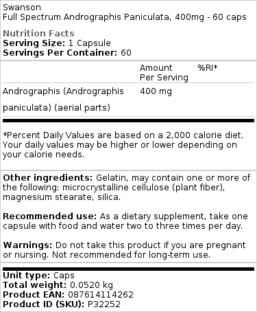 Swanson - Volledig Spectrum Andrographis Paniculata, 400 mg - 60 Capsules - Afbeelding 2