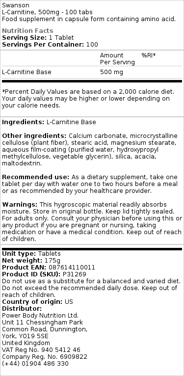 L-Carnitine, 500mg - 100 comprimés – Image 2