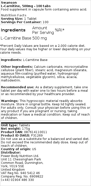 L-Carnitine, 500mg - 30 comprimés – Image 2