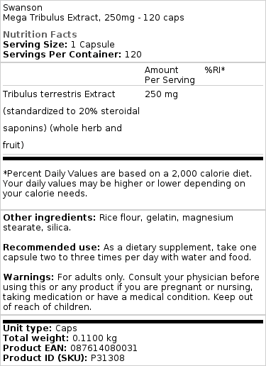Swanson - Mega Tribulus-extract, 250 mg - 120 capsules - Afbeelding 2