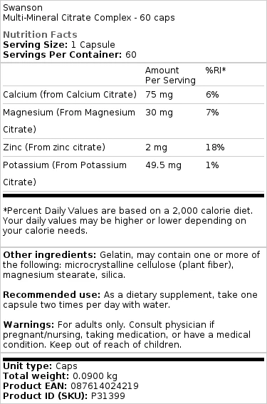 Swanson - Citraat Mineraalcomplex - 60 capsules - Afbeelding 2