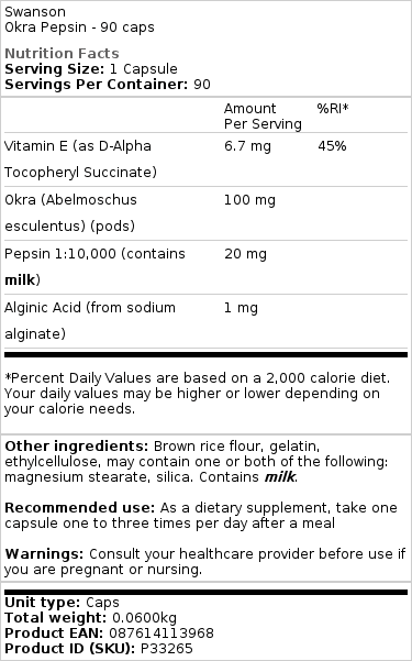 Swanson - Okra Pepsine - 90 capsules - Afbeelding 2