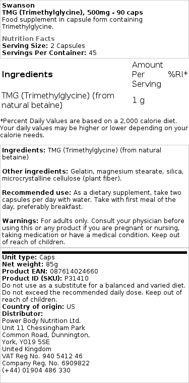 Swanson - TMG (Trimethylglycine), 500 mg - 90 capsules - Afbeelding 2