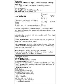Swanson - Vitamine C met Rozenbottels - Langdurige Afgifte, 500 mg - 250 Tabletten