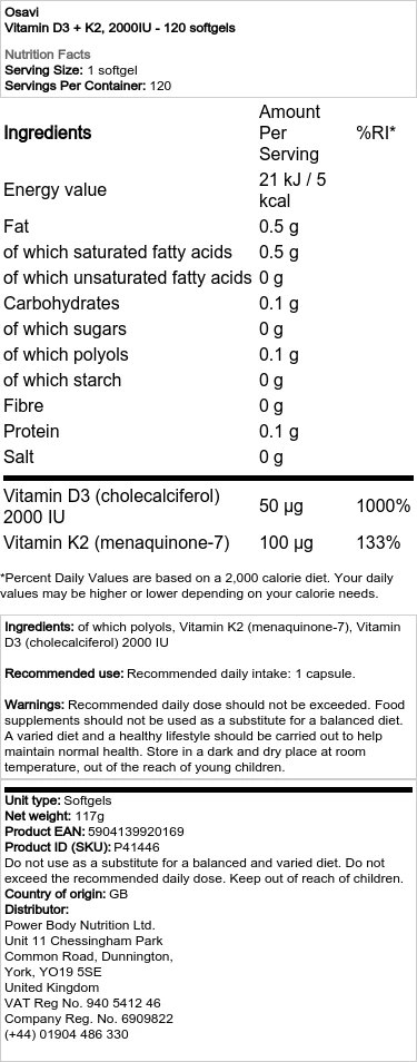Osavi - Vitamine D3 + K2, 2000 IE - 120 Zachte Capsules - Afbeelding 2