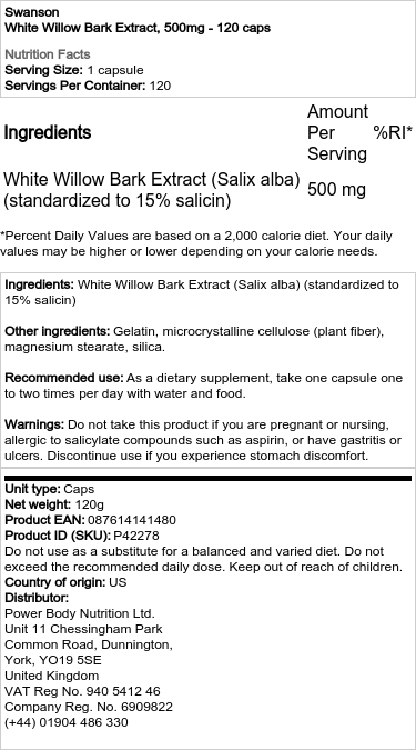 Extrait d'écorce de saule blanc, 500mg - 120 caps – Image 2